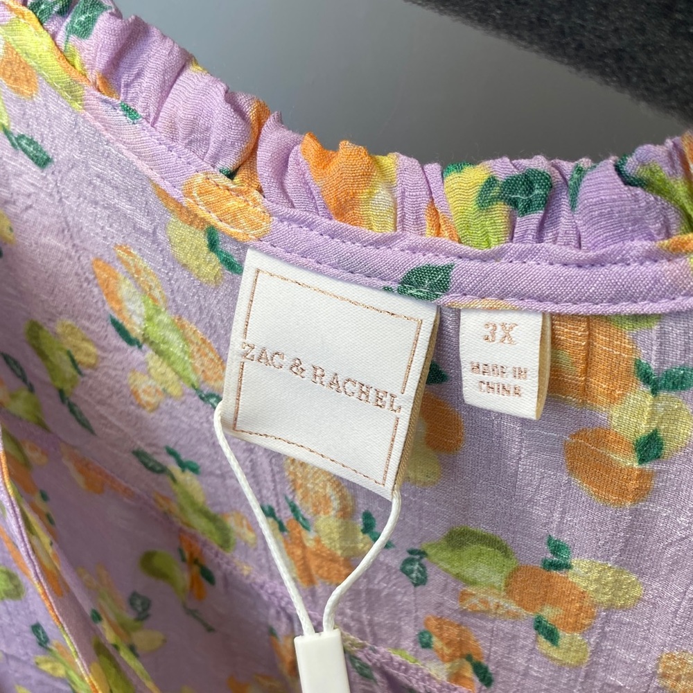 Zac & Rachel top boho lemon and fruit print crochet like details lavender 3X - Picture 9 of 17